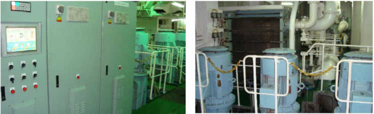 Figure 9 – Aspect of the SW circulation cooling pumps and respective Variable Speed Drives (left).