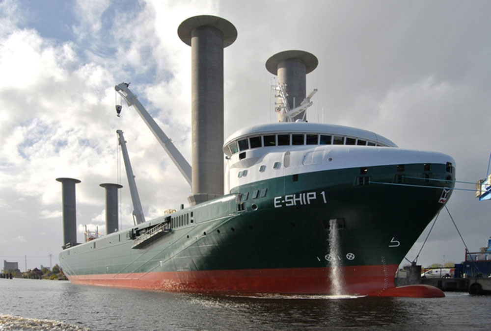 Enercon’s E-Ship 1 with flettners. Credit: Carschen/Wikimedia Commons, CC BY-SA
