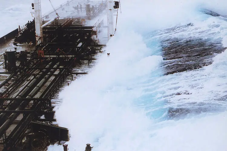 Rouge Waves: Rogue wave sequence showing 60-foot plus wave hitting tanker headed south from Valdez, Alaska.